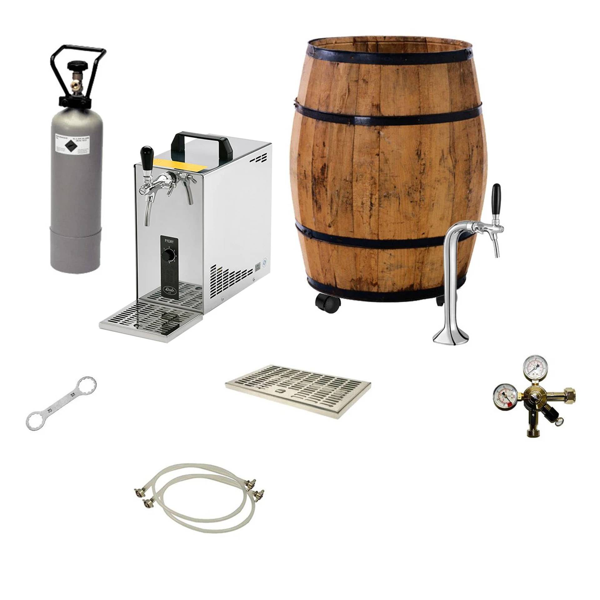 Bierabzapfanlage mit CO2-Flasche, gekühltem Fassausschenker, hölzernem Bierfass, Zapfsäule, Abtropfschale, Schlauch, Schraubenschlüssel und Druckreglerbauteilen.