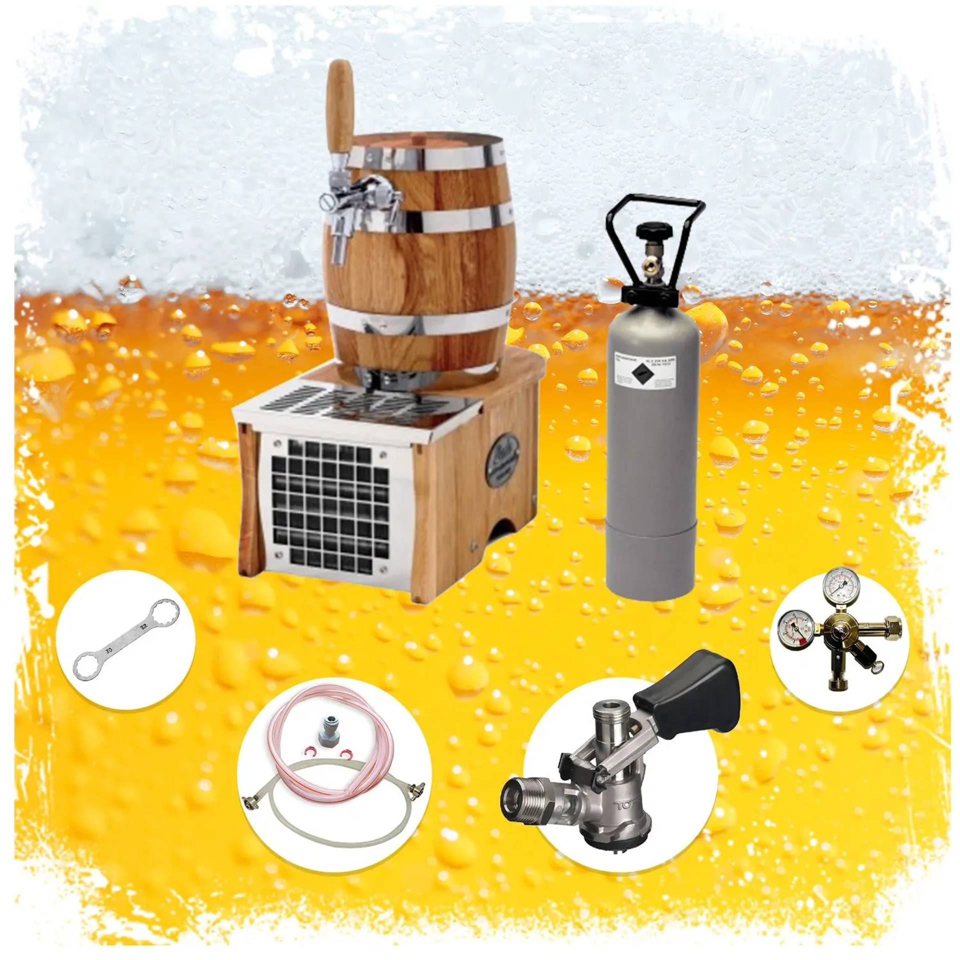 Tragbarer Fasshahn-Ausrüstung mit einem Holzfass auf einer Kühlbox, einem CO2-Tank und kleinen Zubehörsymbolen für Ventile, Schläuche und Anschlüsse.