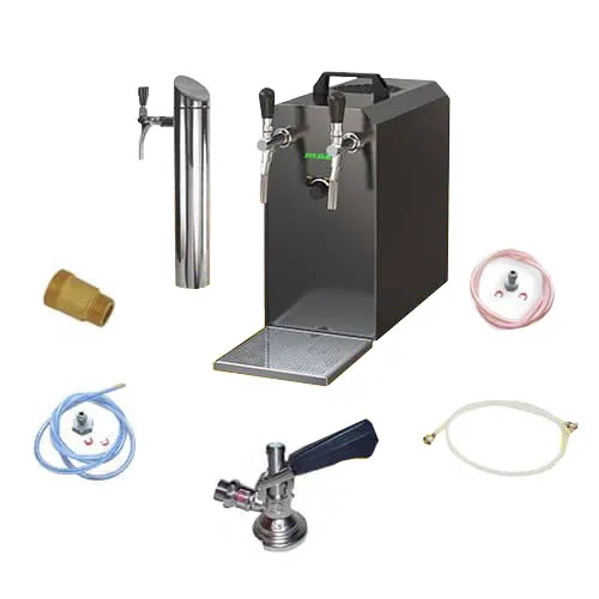 Tragbarer Bierfass-Kühler mit zwei Zapfhähnen, CO2-Flasche, Schläuchen, Regler, Verbindungsstücken und Abtropfwanne, dargestellt als Produktset auf weißem Hintergrund