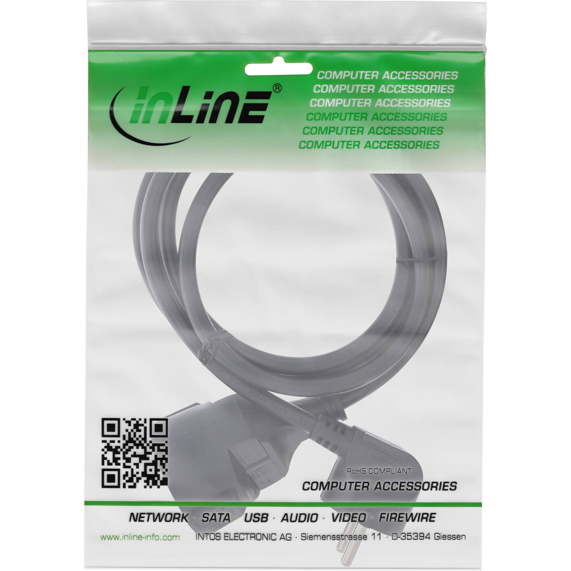 INLINE - Strom-Verlängerung Schutzkontakt Stecker gewinkelt/Buchse - schwarz - 15m