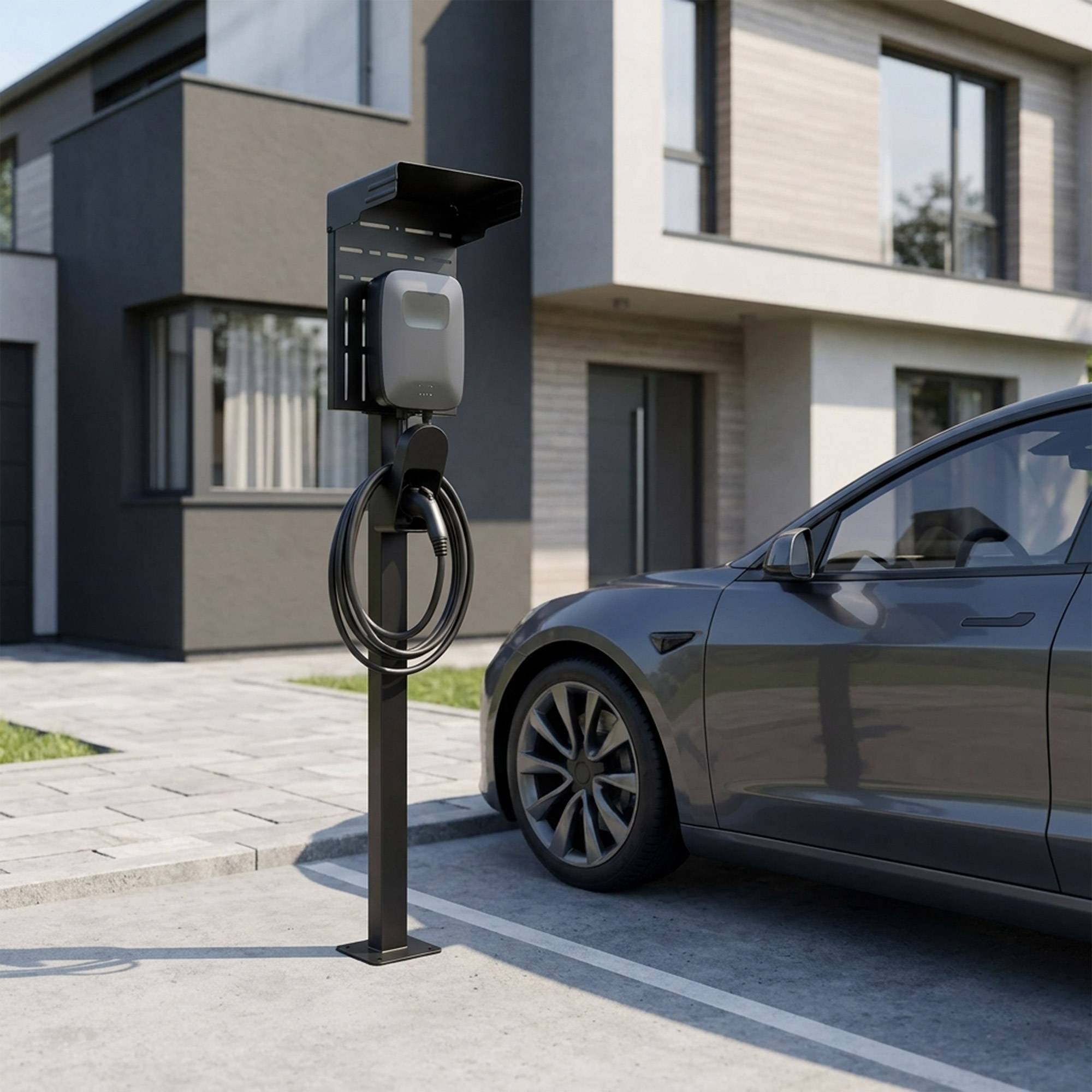 Ladestation für Elektroautos in einer Einfahrt neben einem geparkten grauen Elektrofahrzeug, vor einem modernen Haus.