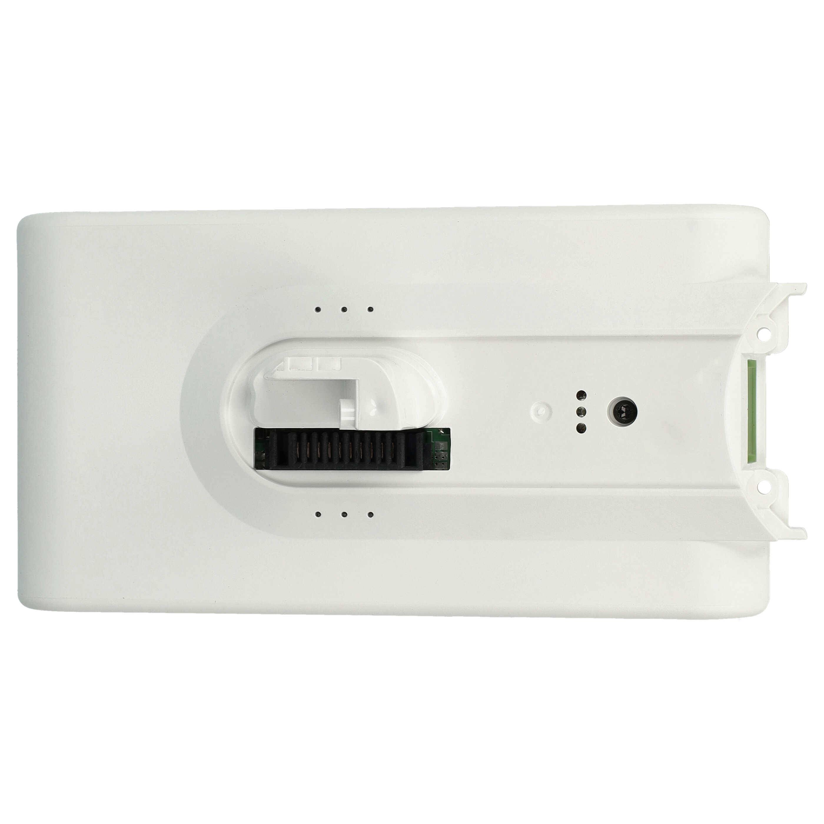 Ein weißes wandmontiertes Gerät mit mehreren Anschlüssen und Steckplätzen, wahrscheinlich für Netzwerk- oder Konnektivitätszwecke verwendet, von oben betrachtet.