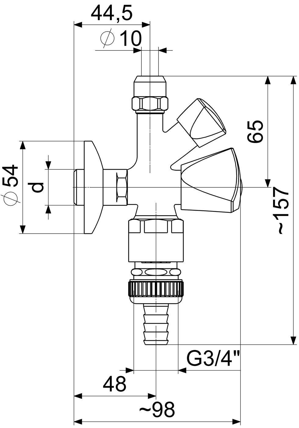Technische Strichzeichnung eines Ventils/Anschlussstücks mit Seiten- und Oberanschlüssen, mit Abmessungen in mm und G3/4