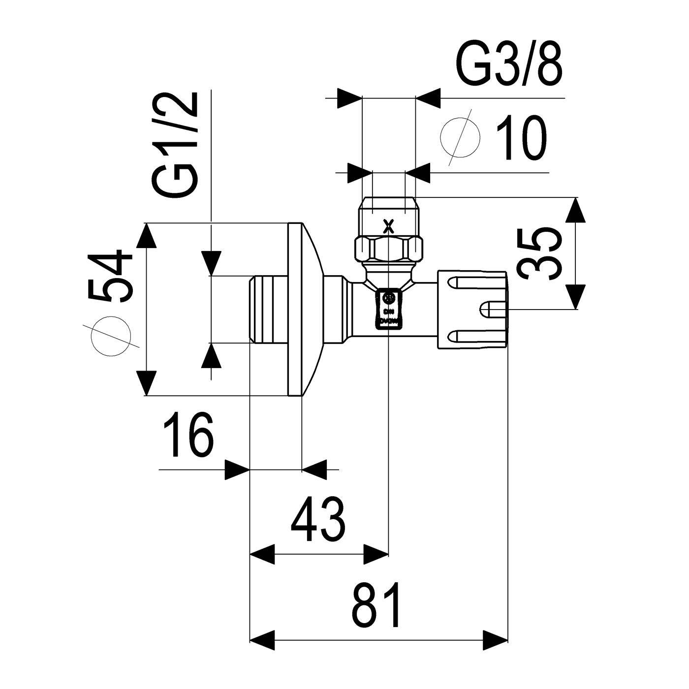 Technische Zeichnung einer Rohrverbindung mit Abmessungen, die G1/2 und G3/8 Gewindeanschlüsse, 54 mm Durchmesser, 81 mm Gesamtlänge und 35 mm Höhe zeigt.