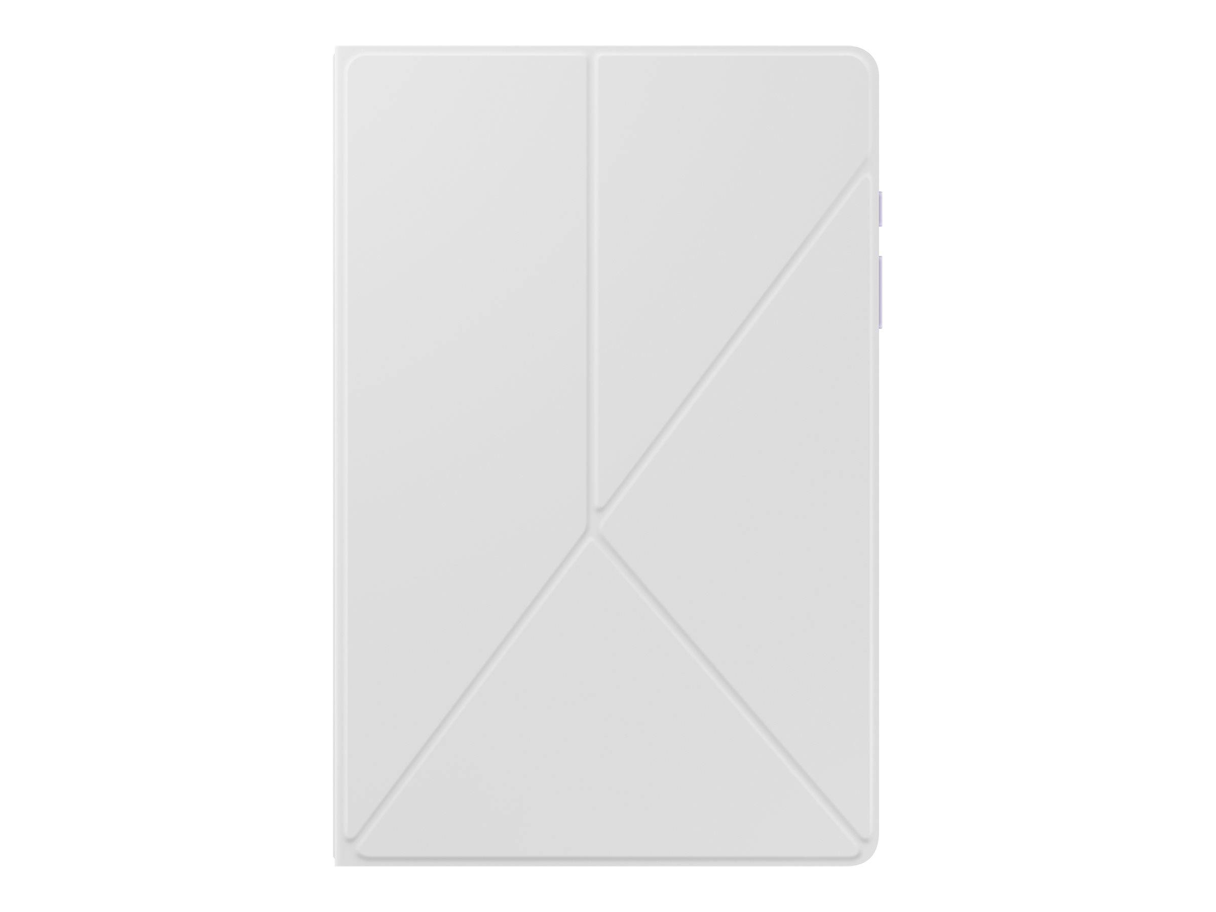 Weiße Tablet-Schutzhülle oder Abdeckung von hinten betrachtet, mit einem diagonalen Faltmuster und Kameraausschnitt an der rechten Kante.
