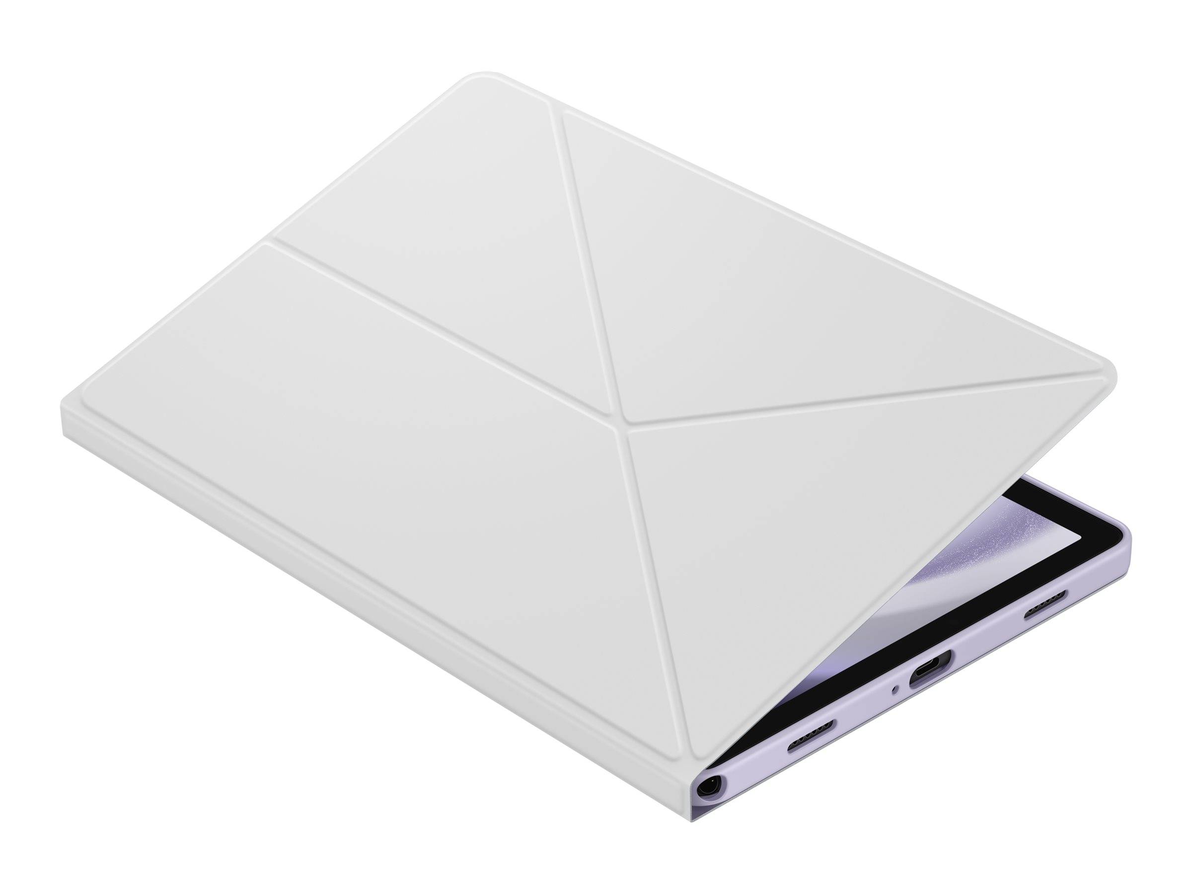Tablet, das von einer weißen Schutzhülle im Origami-Stil mit Faltdesign bedeckt ist, mit einem teilweise sichtbaren Bildschirm und sichtbaren Anschlüssen an der Seite.