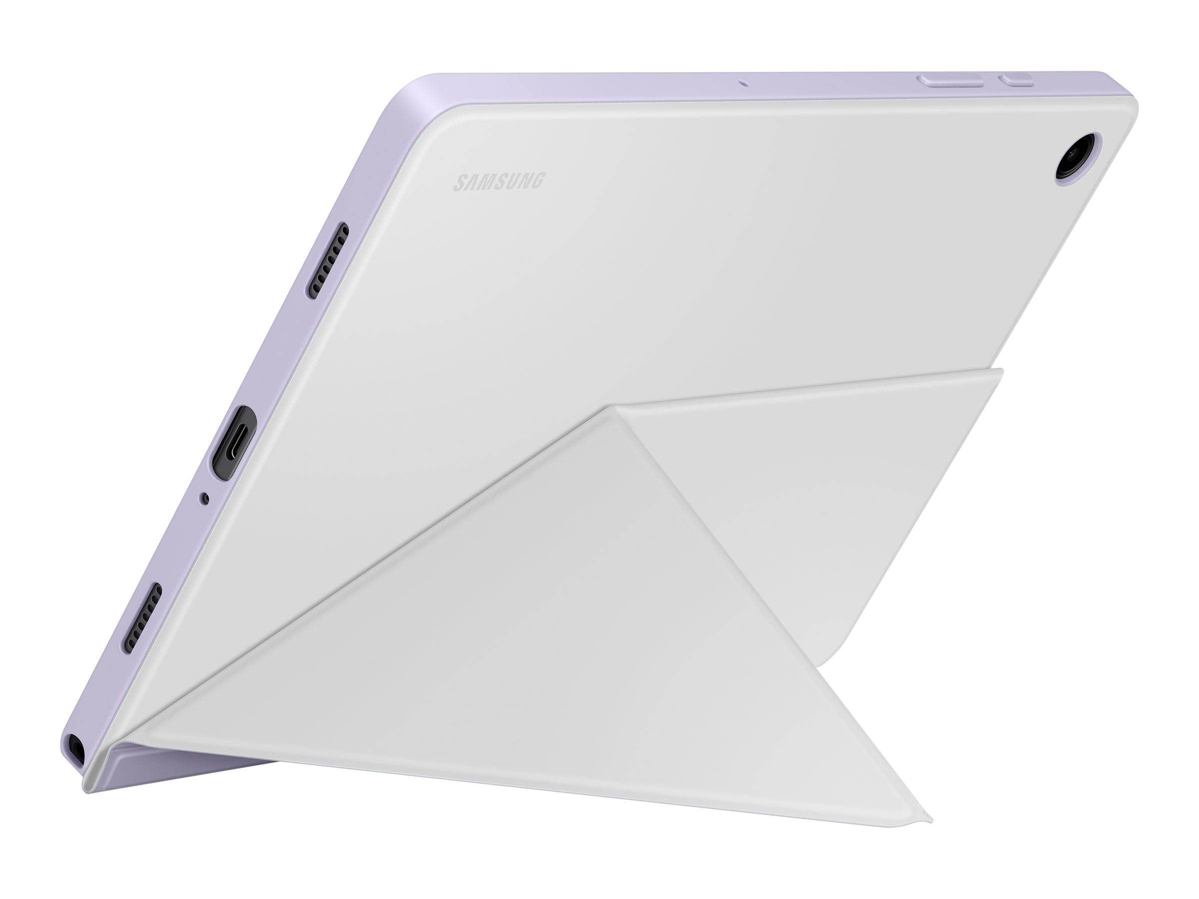 Weiße Tablet-Geräte-Beschreibung unter einem Winkel mit gefalteter weißer Standhülle, violetten Kanten und sichtbarer rückseitiger Kamera auf einfachem Hintergrund.