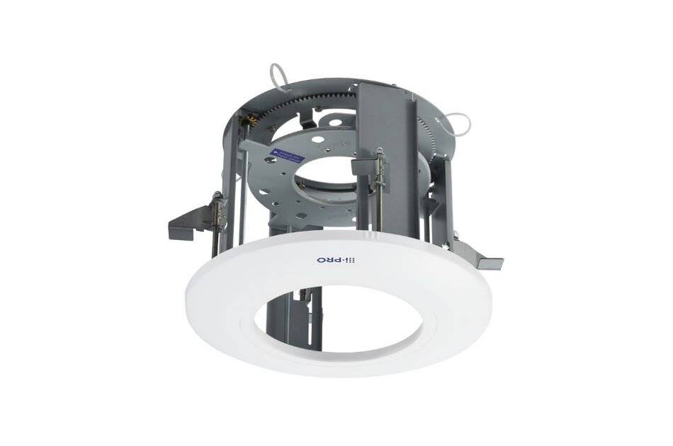 Hängende Einbau-Deckenleuchte mit rundem weiße Zierring und sichtbarem grauem Gehäuse auf weißem Hintergrund.