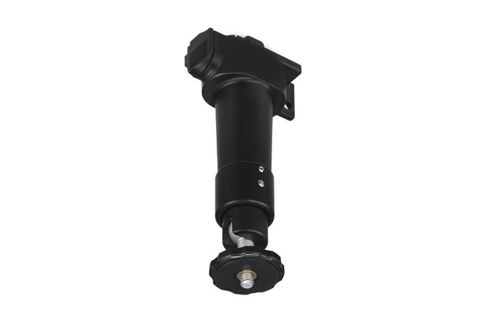 Schwarze verstellbare mechanische Halterung oder Stoßdämpfer isoliert auf weißem Hintergrund.