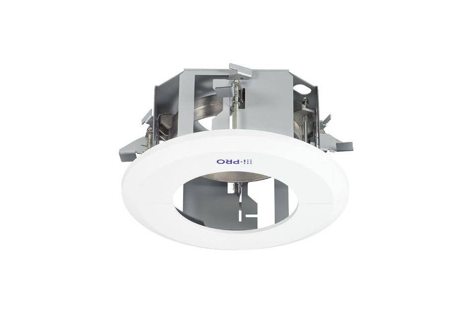 Eingebaute Deckenleuchte mit weißem rundem Zierring und sichtbarem Metallgehäuse und Federklammern.