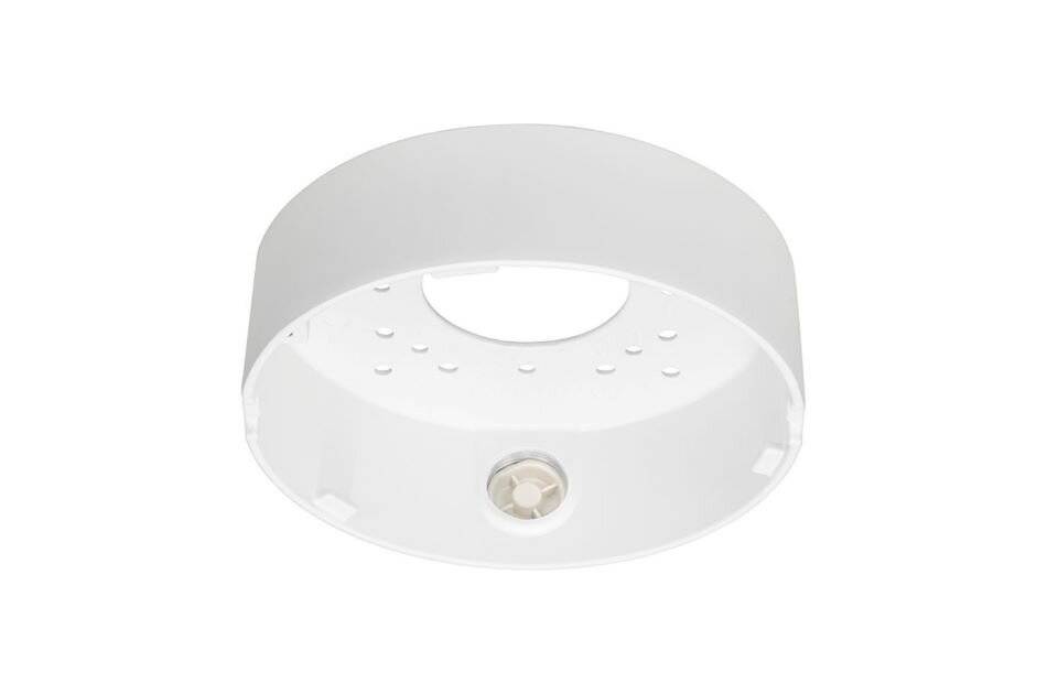 Weißer runder deckenmonterter Sensor oder Leuchtenaufbau mit zentralem Objektiv und kleinen Lüftungslöchern, auf einfachem Hintergrund dargestellt.