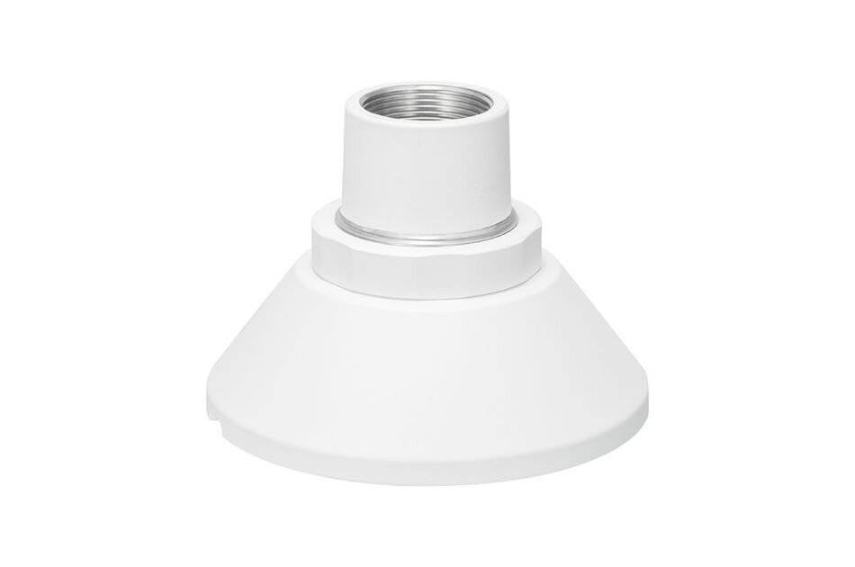 Weiße, kegelförmige Leuchte oder Adapter mit Gewinde-Sockelmündung, isoliert auf weißem Hintergrund dargestellt.