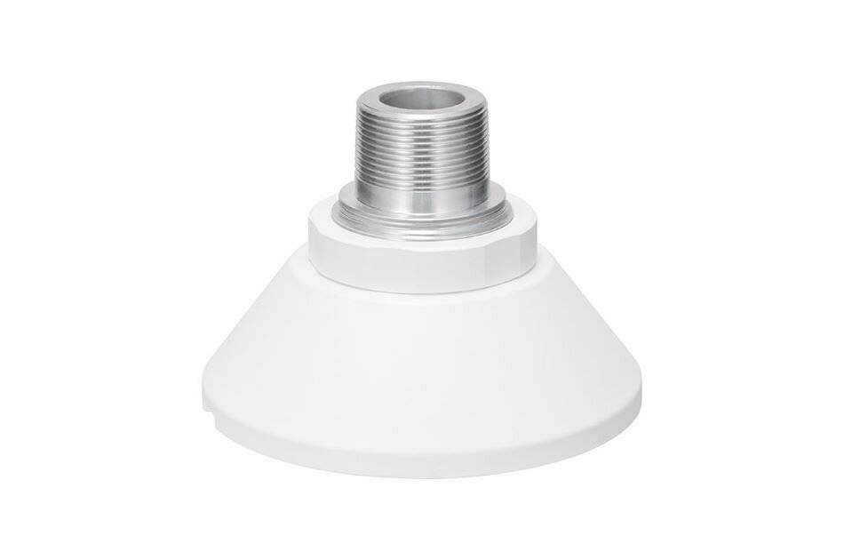 Weißer kegelförmiger Montagadapter mit gewindetem Metallstecker oben, gezeigt auf neutralem Hintergrund.