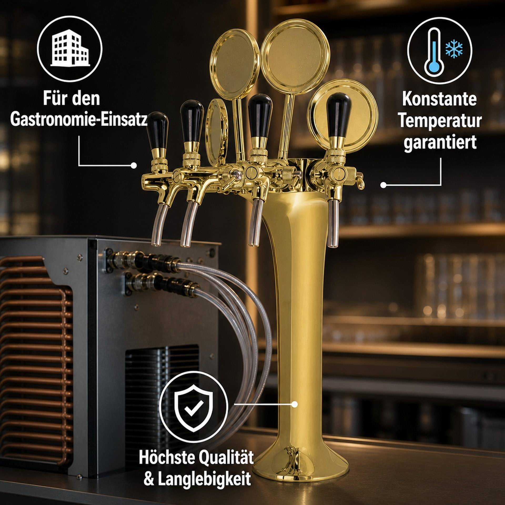 Schanksäule Gold 4-leitig für Bars – nur die Säule, ohne Zapfhähne