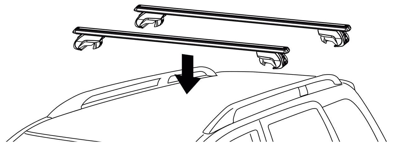 Illustration eines Pfeils, der die Installation eines Dachträgers auf einem Autodach anzeigt und auf Ausrichtungs- und Befestigungspunkte hindeutet.