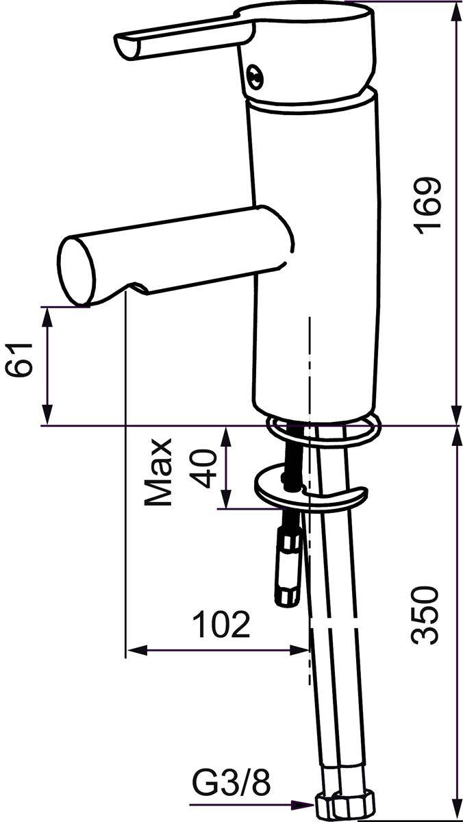Technische Zeichnung eines Wasserhahns mit Seitenhebel, mit Installationsmaßen und Anschluss gekennzeichnet G3/8, mit Abmessungen 169, 350, 102, 61 und max 40.