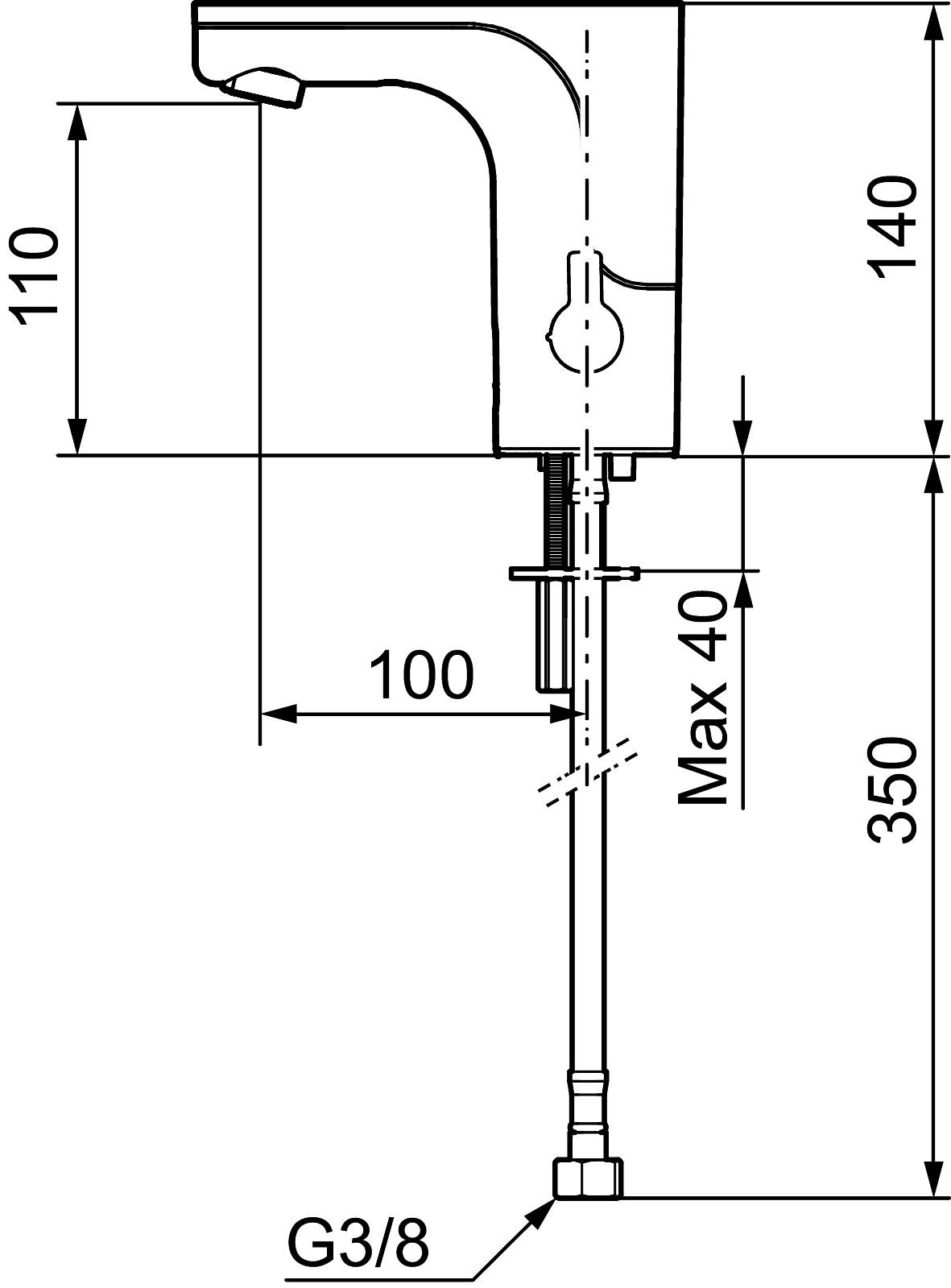 Technische Zeichnung eines Wasserhahns/Auslaufs mit Installationsabmessungen: 110, 140, 100, 350 und max. 40 mm sowie G3/8-Anschluss.