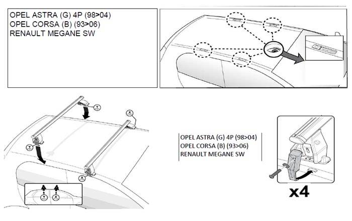 Dachträger Menabo Tema kompatibel mit für Opel Corsa B + C (Schrägheck 3/5 Türer) 1993-2006