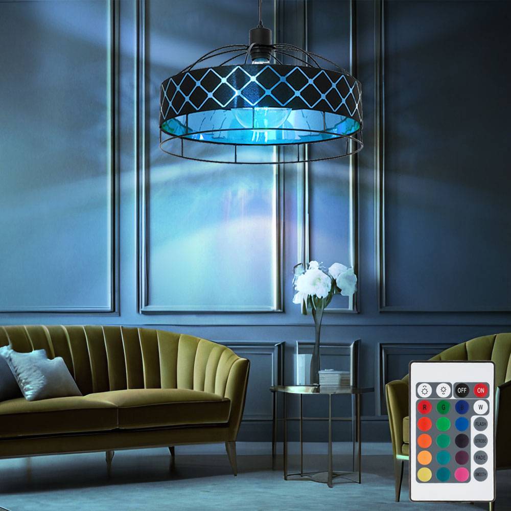 Hängeleuchte schwarz gold Pendelleuchte Gitter Esstischleuchte Textil Retro, Fernbedienung dimmbar, 1x RGB LED 8,5W 806Lm warmweiß, DxH 40x120 cm
