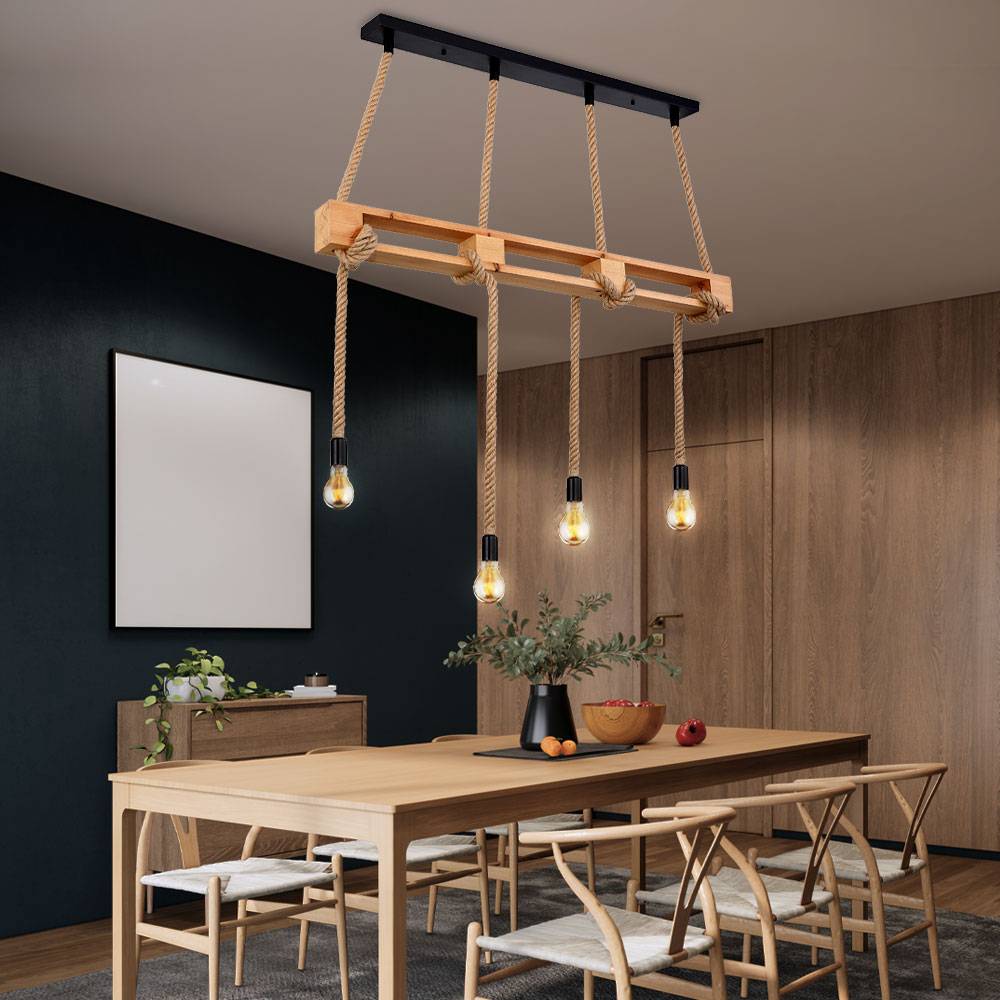 Hängeleuchte Holz Esszimmerleuchte Balken Hängelampe Holzleuchte Hanfseil, natur, 4x E27 Fassungen, LxBxH 120x10x120cm