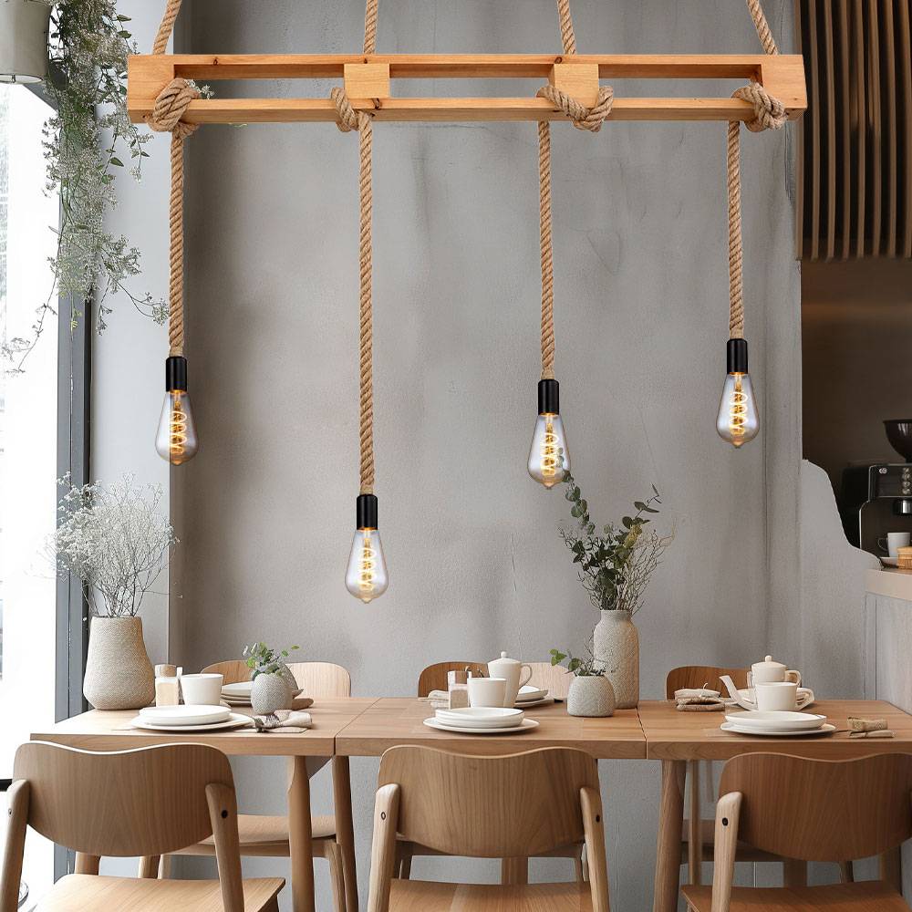 Hängeleuchte Holz Esszimmerleuchte Balken Hängelampe Holzleuchte Hanfseil, natur, 4x E27 Fassungen, LxBxH 120x10x120cm