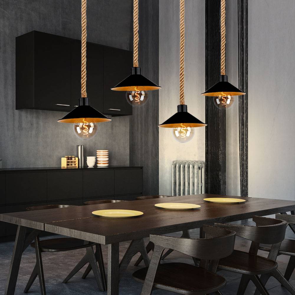 Hängeleuchte Pendellampe Hanfseil Seillampe Pendelleuchte gold schwarz Landhausstil Esszimmer Höhenverstellbar, Metall, 4x E27 Fassung, LxBxH 112,5x