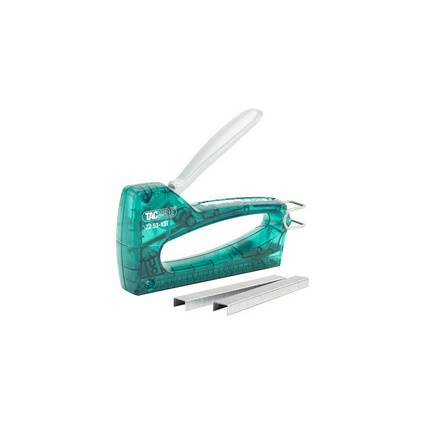 Ein türkisfarbener Hefter mit einem weißen Griff ist neben zwei Heftklammernstreifen abgebildet, was darauf hindeutet, dass er zum Laden und Verwenden bereit ist.
