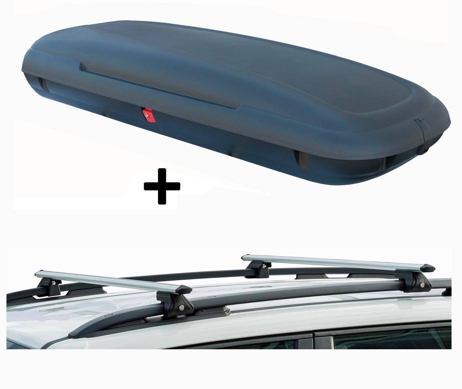 VDP-CA480 Dachbox 480 Ltr Carbon Look abschließbar + Alu Relingträger VDP CRV120 kompatibel mit für Hyundai Traject 00-08 abschließbar