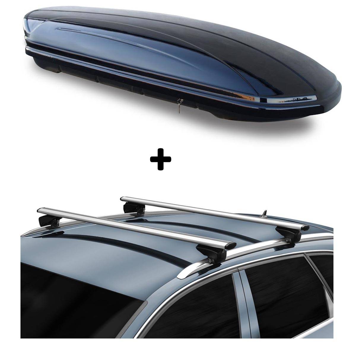 Dachbox VDPMAA580 + Alu Relingträger kompatibel mit für Fiat 500X ab 15 aufliegende Reling