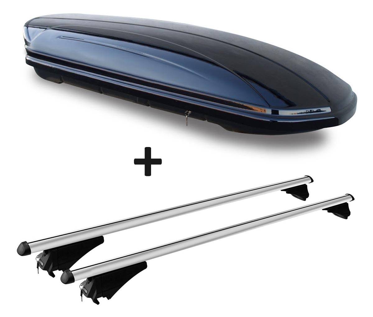 Skibox schwarz glänzend VDP-MAA 460G 460 Liter abschließbar + Alu-Relingträger Dachgepäckträger aufliegende Reling im Set kompatibel mit für Fia