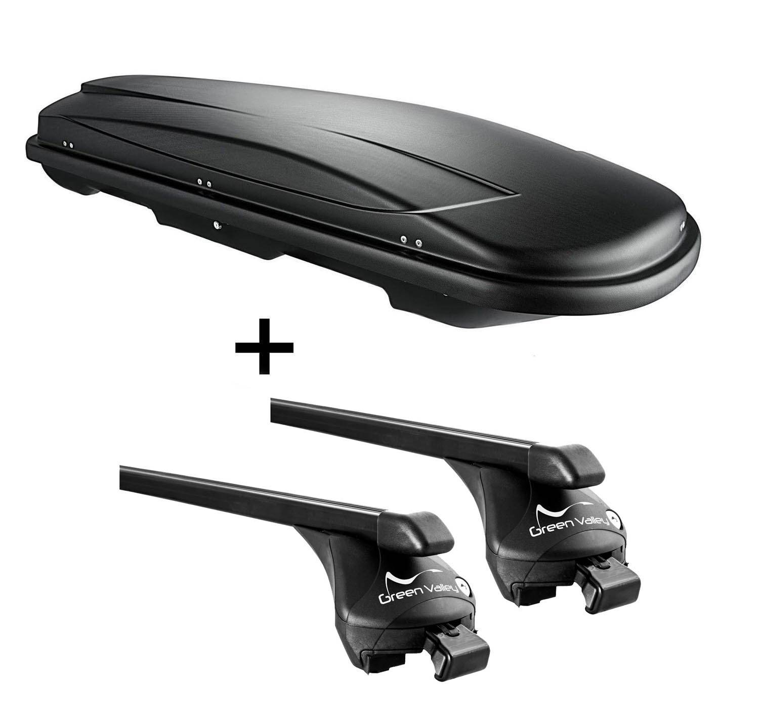 Dachbox schwarz VDP JUXT 600 großer Dachkoffer 600 Liter abschließbar + Relingträger Dachgepäckträger offene Reling im Set kompatibel mit für VW