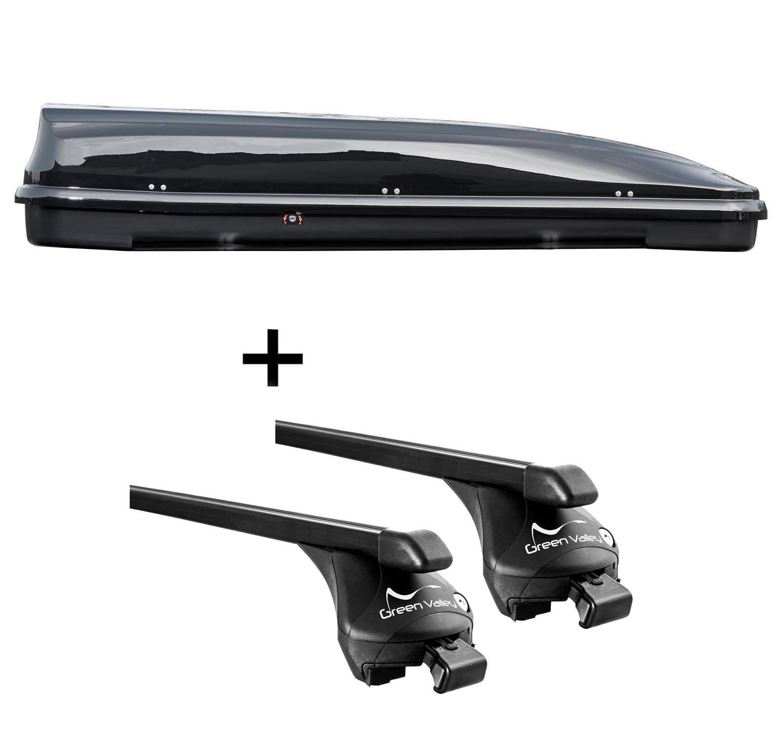 Skibox schwarz VDP JUFL 460 Liter + Relingträger Quick aufliegende Reling kompatibel mit für VW Tiguan ab 2007