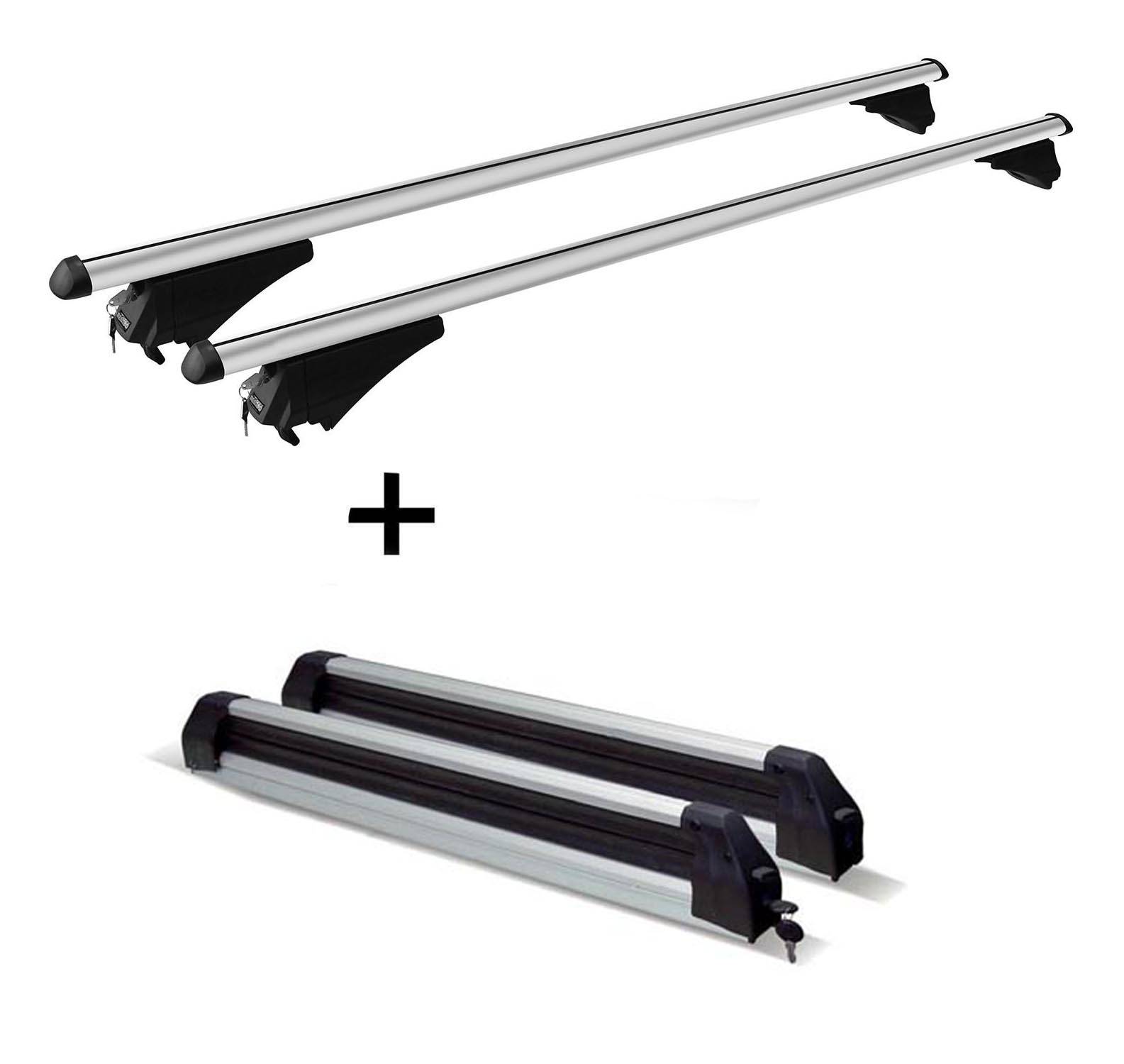 Relingträger Tiger XL + Skiträger / Snowboardträger / Skihalter Silve Ice ausziehbar) kompatibel mit für Dacia Lodgy ab 12
