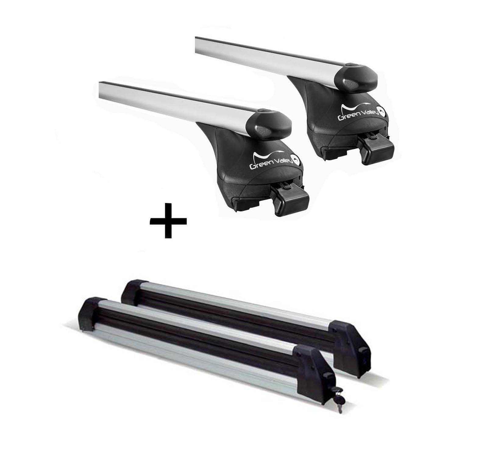 Relingträger Quick L + Skiträger / Snowboardträger / Skihalter Silve Ice ausziehbar) kompatibel mit für Nissan Qashqai ab 2014