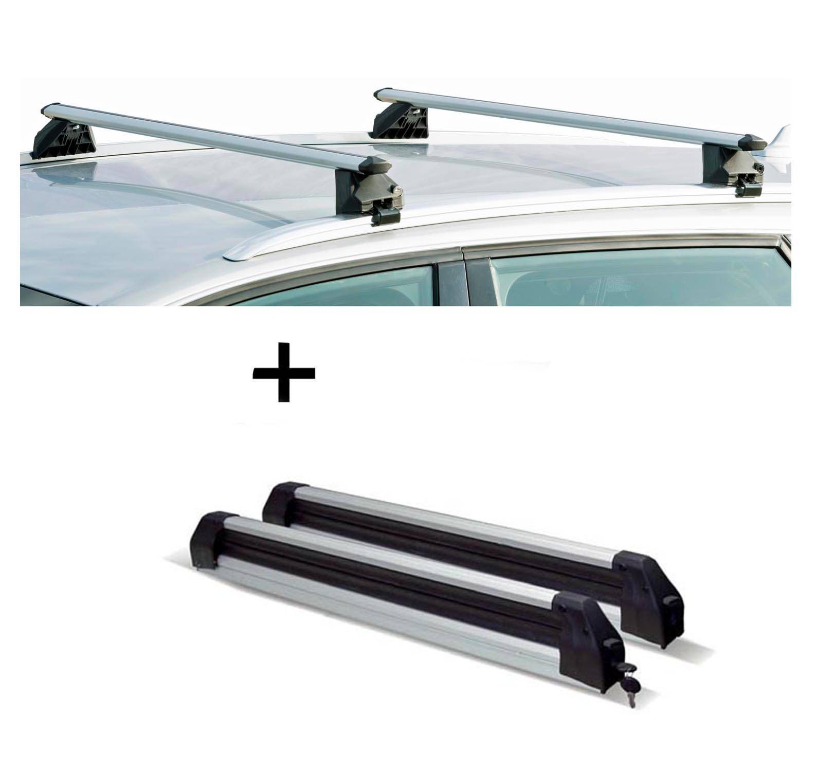 Relingträger CRV107A + Skiträger / Snowboardträger / Skihalter Silve Ice ausziehbar) kompatibel mit für VW Golf Sportsvan 5 Türer ab 2014