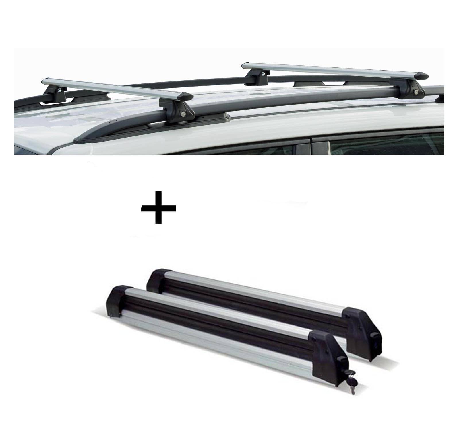 VDP Relingträger CRV135 + Skiträger/Snowboardträger/Skihalter Silve Ice ausziehbar kompatibel mit für Land Rover kompatibel mit Rover Freelander