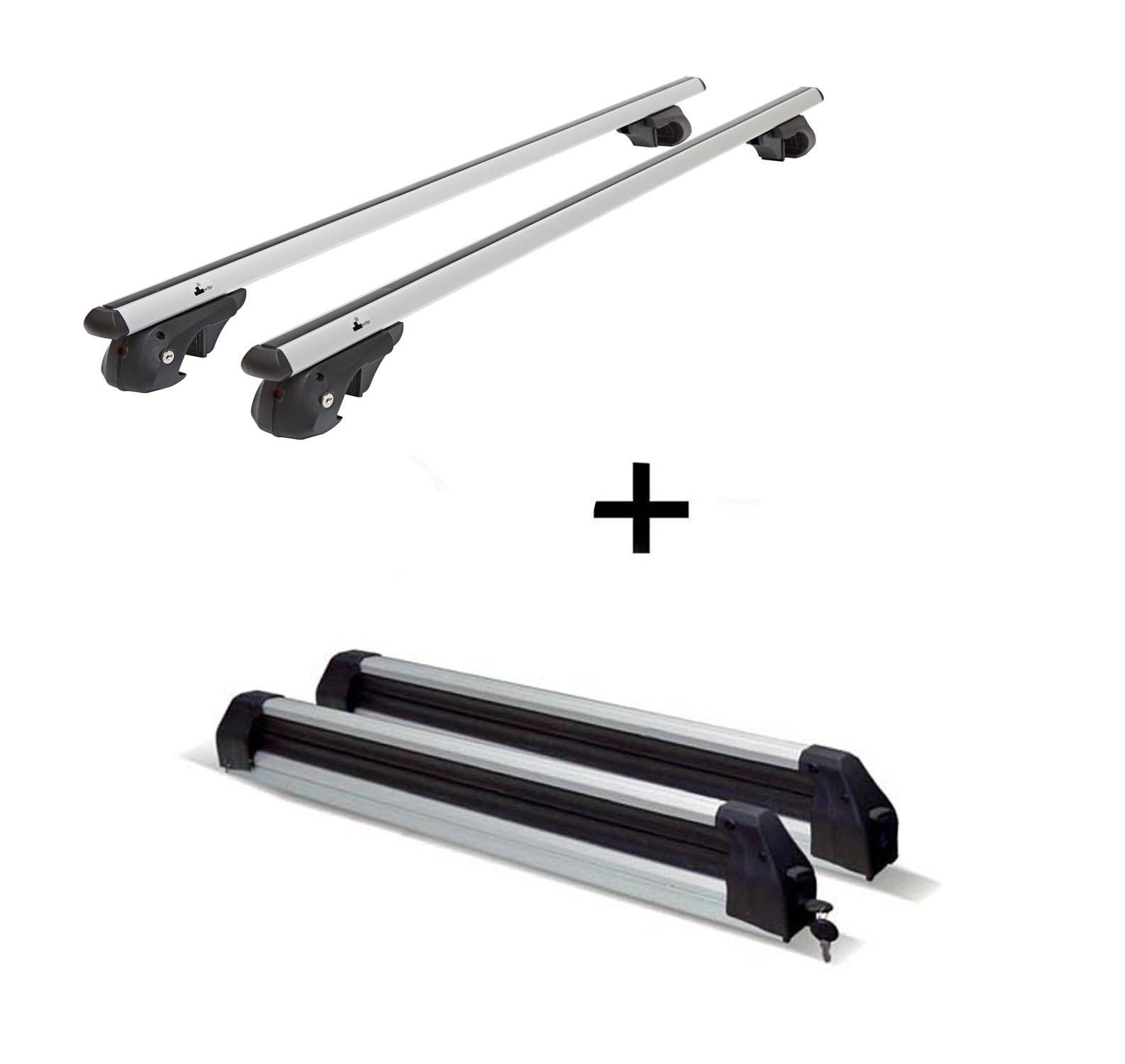 Relingträger VDP004 XL + Skiträger / Snowboardträger / Skihalter Silve Ice ausziehbar) kompatibel mit für Volvo V70 Kombi ab 2000