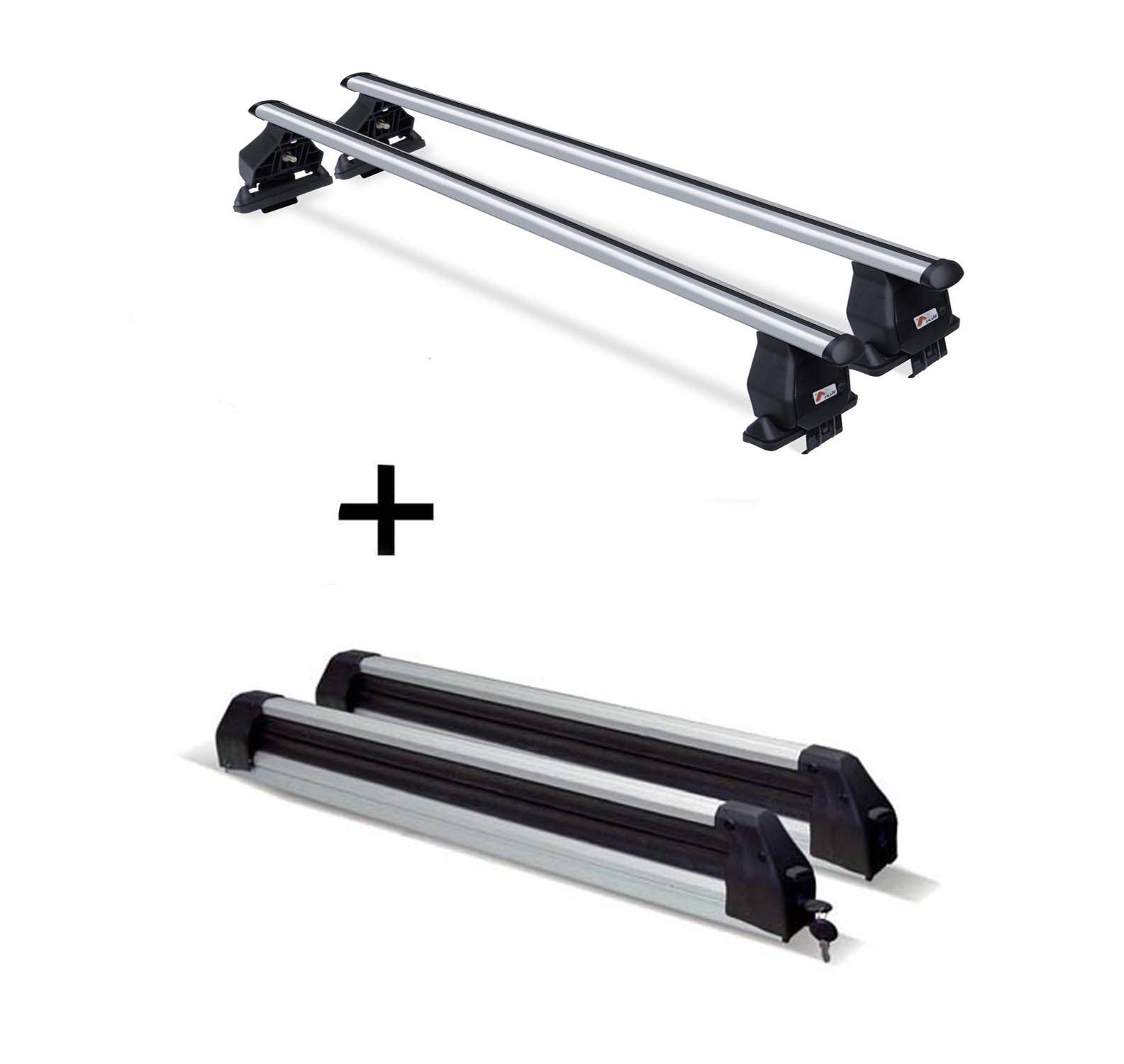 Dachträger Menabo Tema + Skiträger / Snowboardträger / Skihalter Silve Ice ausziehbar) kompatibel mit für VW Touareg (SUV 5 Türer) 2010-2013