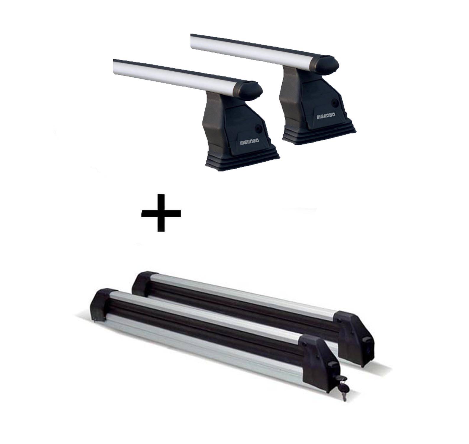 Dachträger Menabo Tema + Skiträger / Snowboardträger / Skihalter Silve Ice ausziehbar) kompatibel mit für VW Caddy (Hochdachkombi 5 Türer) ab 201