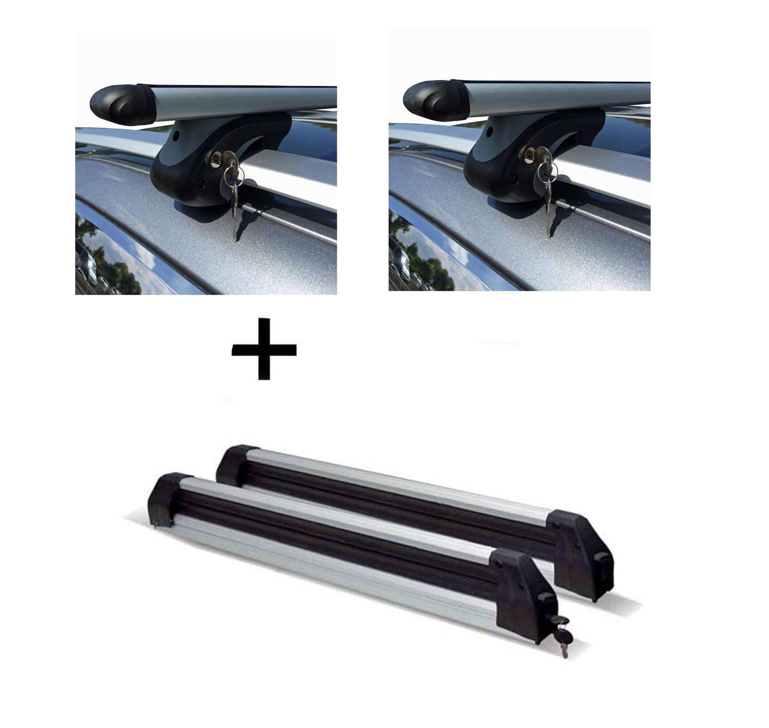 Relingträger VDP L120 + Skiträger / Snowboardträger / Skihalter Silve Ice ausziehbar) kompatibel mit Chevrolet Cruze Kombi ab 11