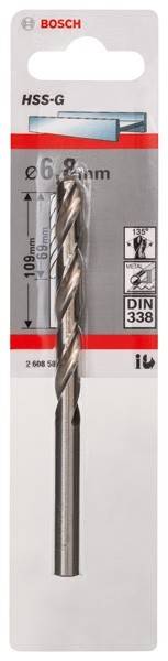 Detailaufnahme eines Metallbohrers in der Verpackung, die Spezifikationen wie ‚109 mm' Länge, ‚DIN 338' Konformität und Diagrammsymbole zeigt.