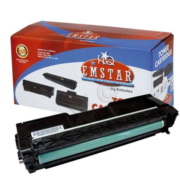 EMSTAR-Tonerkassette und ihre Einzelhandelsverpackung, die eine schwarze Druckertonerkassette vor blau-rot gefärbter Verpackung zeigt.