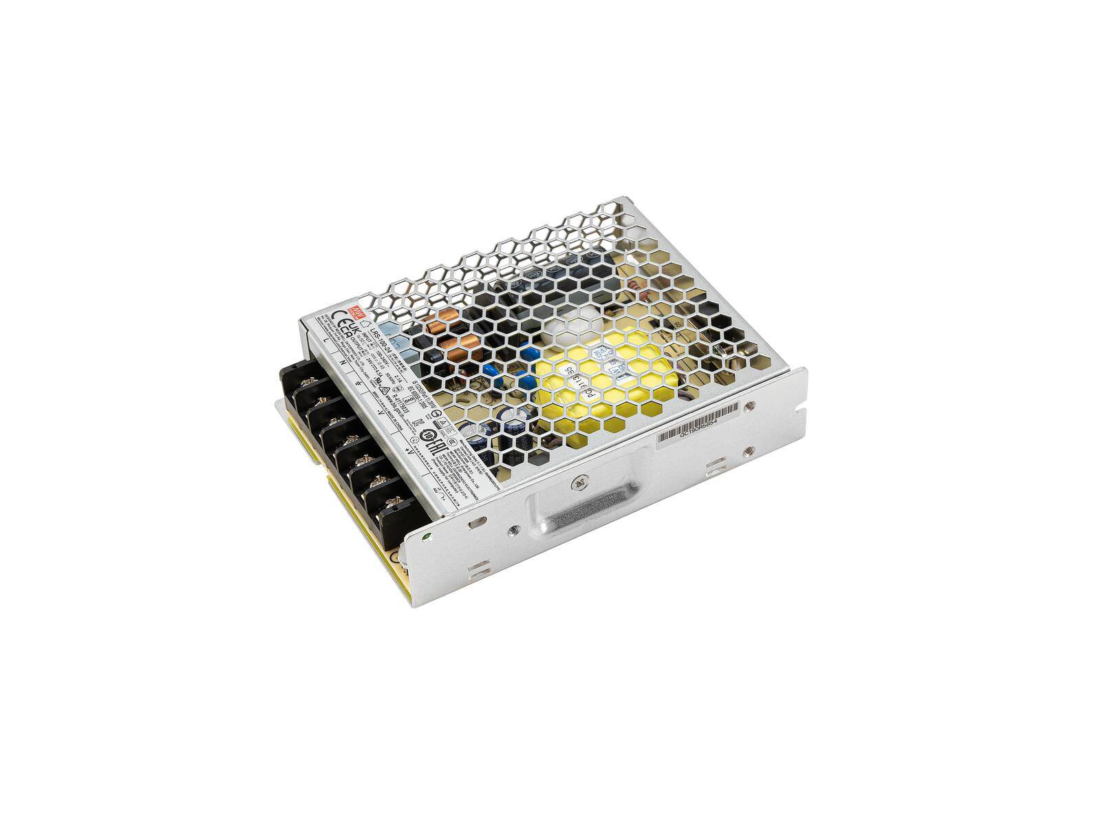 Eine silberne Metallnetzteileinheit mit Maschengitter oben, die Innenkomponenten zeigt. Modelldetails und Spezifikationen sind seitlich beschriftet.