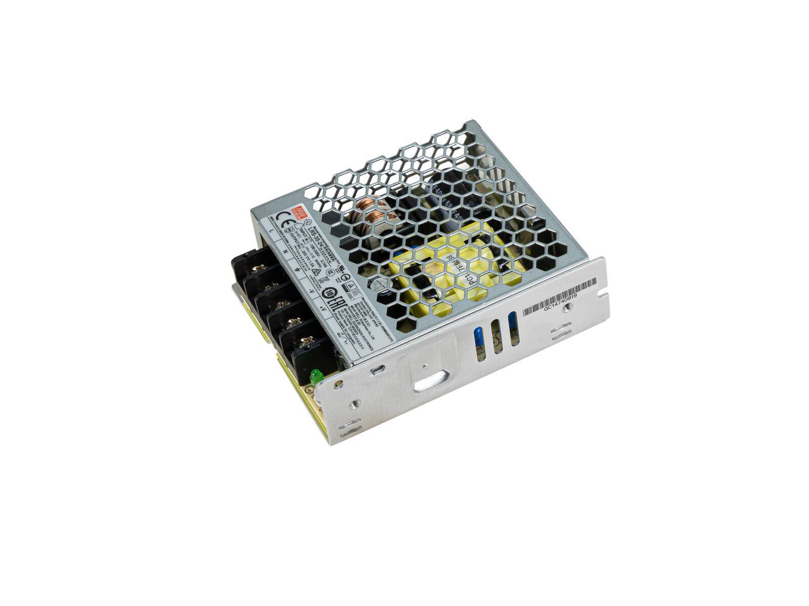 Eine Metallnetzteile mit einem Wabengittergehäuse. Enthält Beschriftungen und Ein-/Ausgänge. Dient zur Stromversorgungsregulierung für elektronische Geräte.