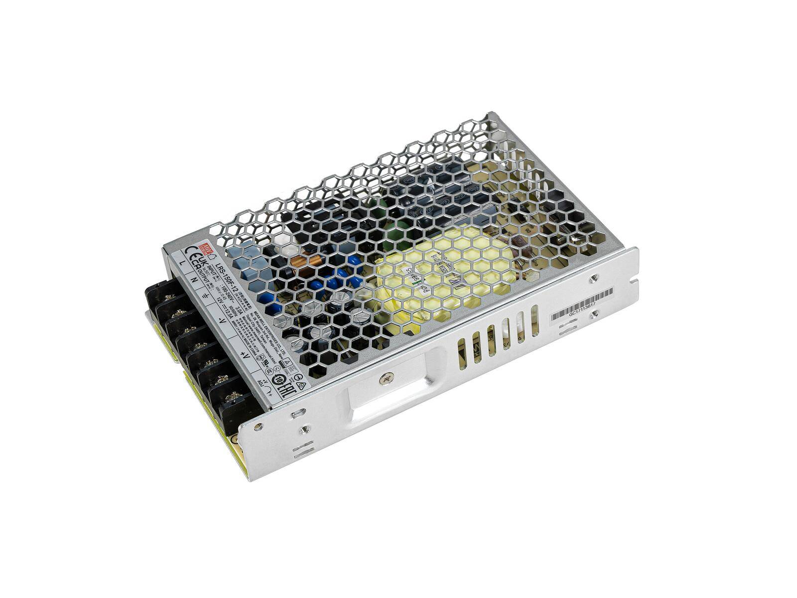 Eine Netzteileinheit mit Metallgehäuse und Wabengitterbelüftungsdesign, die interne elektronische Komponenten und mehrere beschriftete Anschlüsse zeigt.