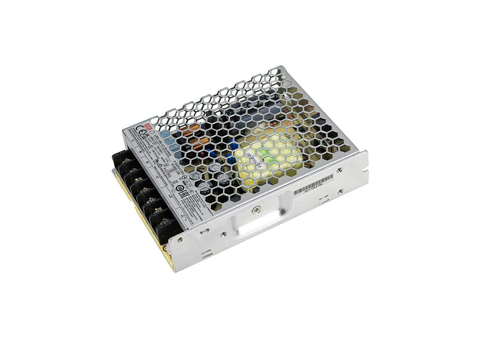 Eine metallummantelte Stromversorgungseinheit mit Wabengitterbelüftungsdesign, seitlichen Anschlussklemmen und sichtbarem Produktetikett.