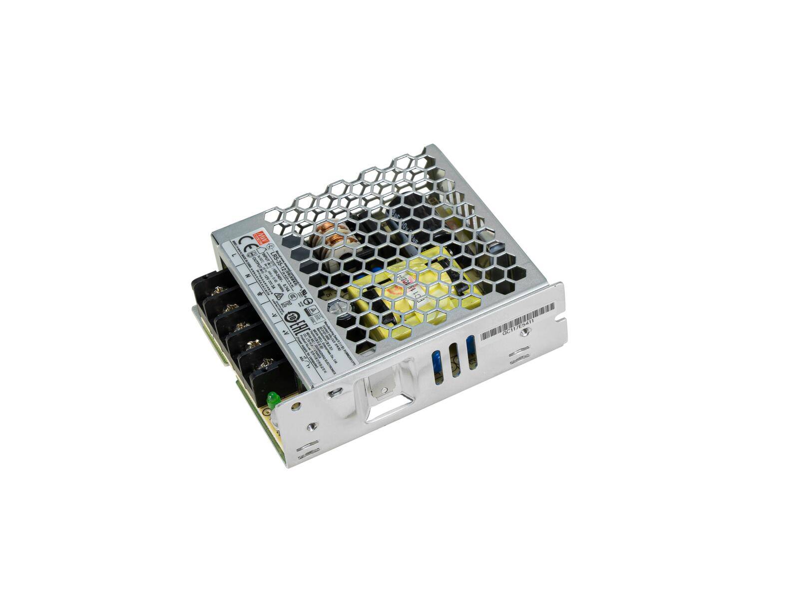 Metallisches Netzteil mit einem Wabengitterbelüftungsmuster, ausgestattet mit mehreren Anschlussports und einem kompakten, rechteckigen Design.