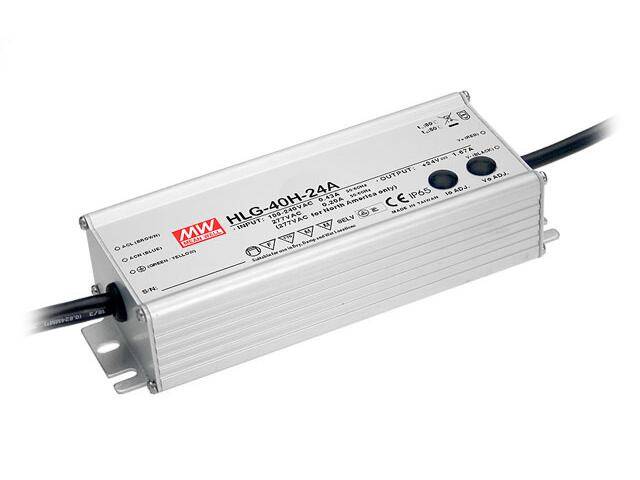 Ein rechteckiges LED-Netzteil mit der Bezeichnung 'MW HLG-40H-24A', das verschiedene Anschlüsse und Spezifikationen auf seinem Metallgehäuse aufweist.