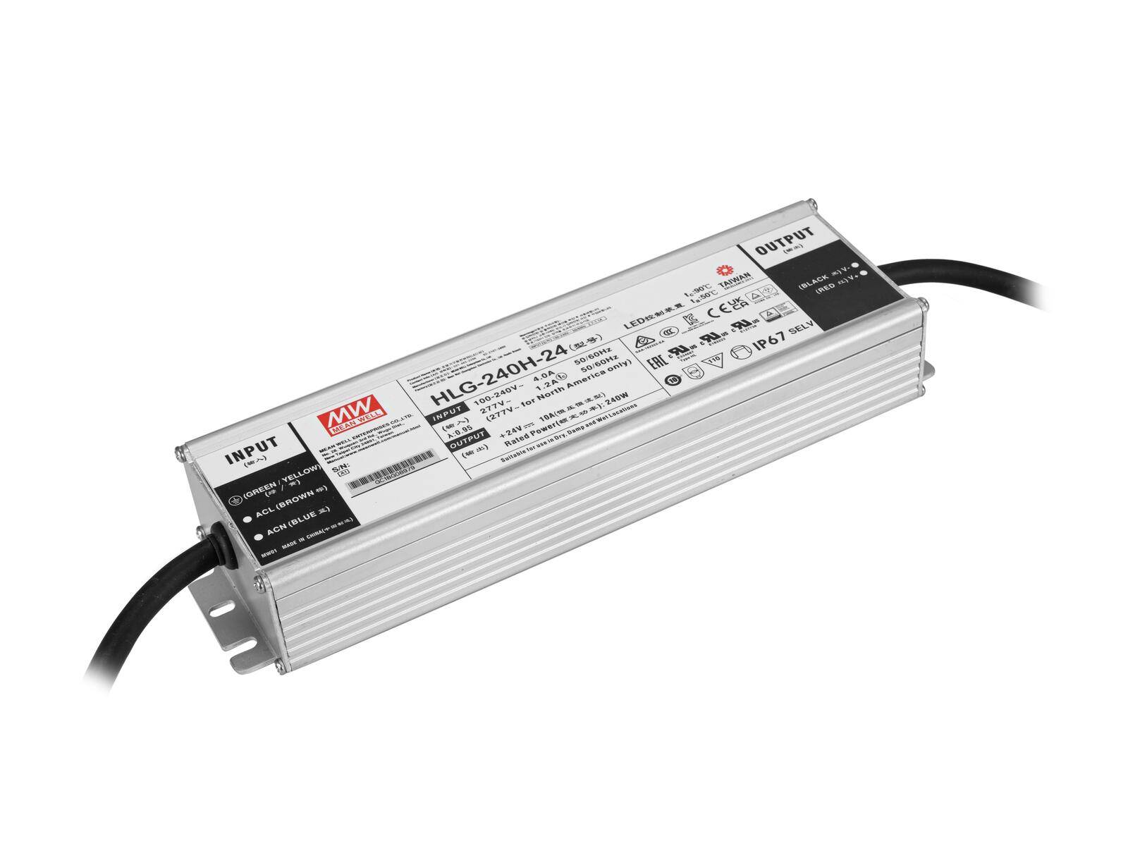 „Ein Mean Well HLG-240H-24 Netzteil mit Eingangs- und Ausgangskontakten, das Spezifikationen für Spannung (24V) und Leistung (240W) zeigt.