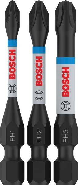 Drei vertikale Bosch-Schraubenzieherbits, mit den Nummern 1, 2 und 3 beschriftet. Die Bits sind schwarz mit blauer und roter Markenbeschriftung und zeigen eine Größenzunahme.